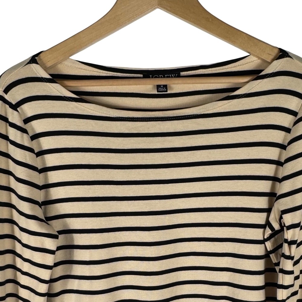 J.Crew Striped Boatneck Top Womens M Beige Black Cotton 3/4 Sleeve
